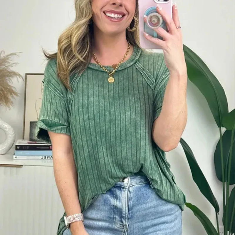 Women's Trendy Striped Round Neck Short Sleeve T-Shirt