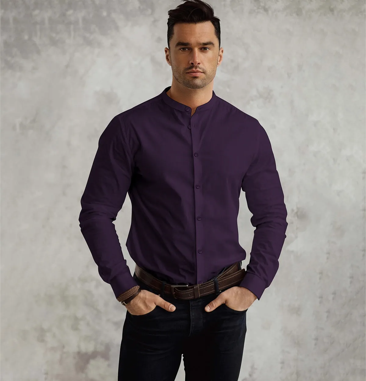 Wrinkle-Resistant - Band Collar - Long Sleeve - Deep Plum