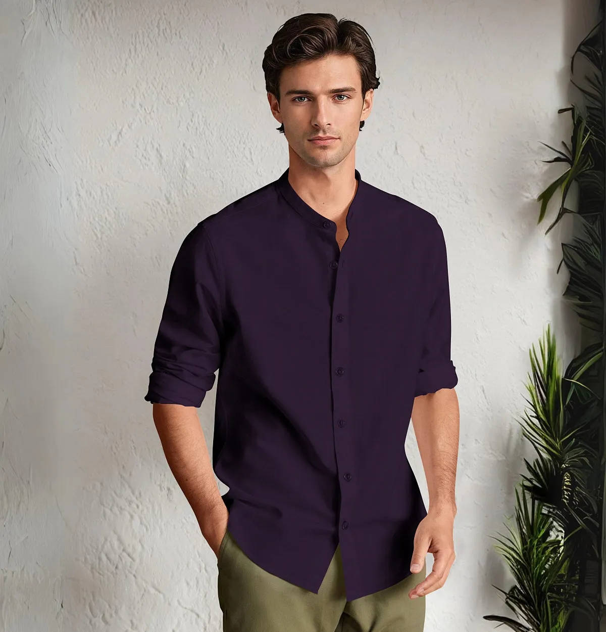 Wrinkle-Resistant - Band Collar - Long Sleeve - Deep Plum