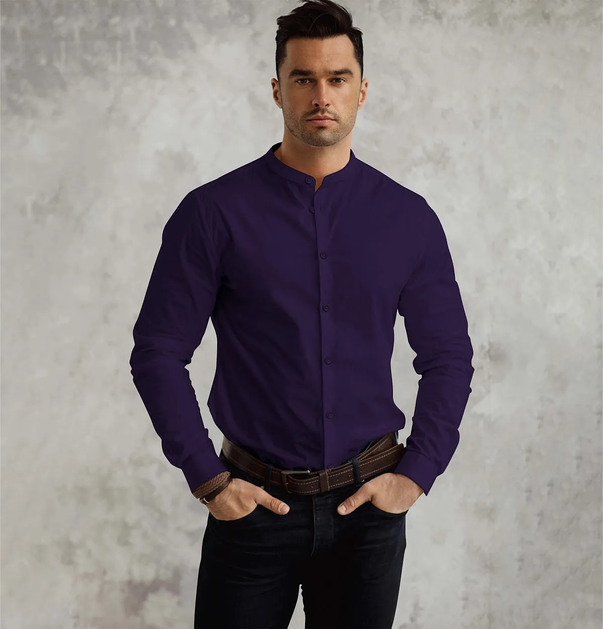 Wrinkle-Resistant - Band Collar - Long Sleeve - Deep Purple