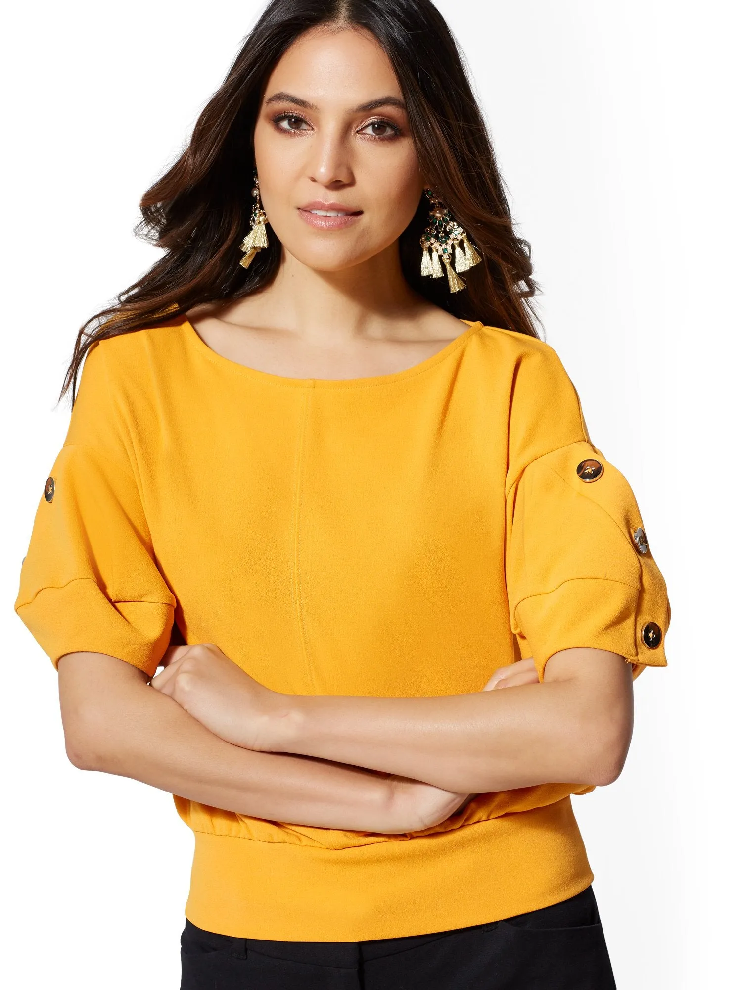 Yellow Button-Sleeve Top - 7th Avenue